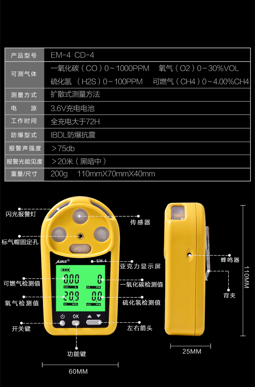 AIKE EM-4 四合一气体检测仪